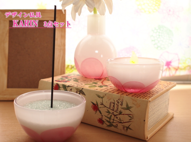 かわいいガラス仏具セット 3点 白色+ピンクのお花 お得セット 送料無料