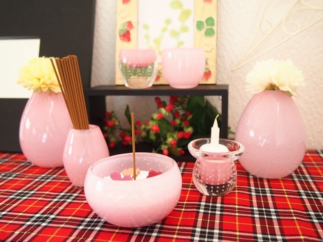 かわいい仏具 7点 規則的な泡入 ガラス仏具 仏具セット